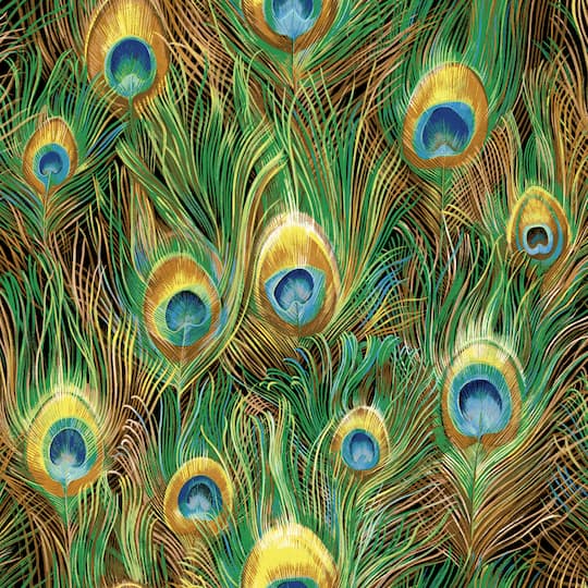 Peacock Splendor Multicolor Feathers Cotton Fabric